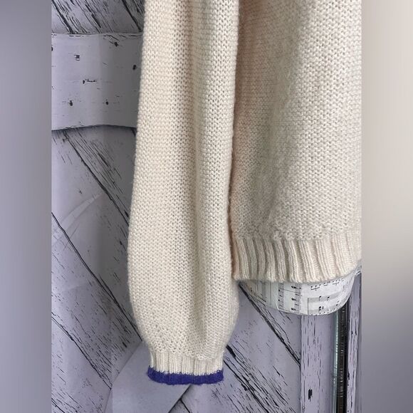 Anthropologie Cream Pullover Sweater Striped Trim Size M - Picture 4 of 8
